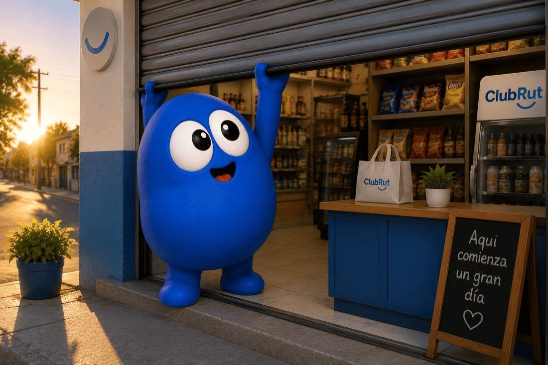 RUTIN, la mascota de ClubRut, abriendo la cortina de su almacén al amanecer