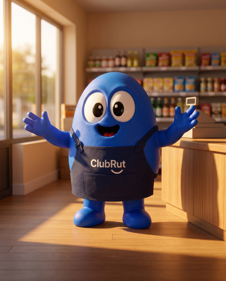 RUTIN, la mascota de ClubRut, con su delantal y los brazos abiertos dándote la bienvenida